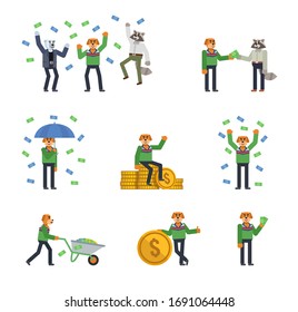 Set of dog characters in green sweater posing with money. Cheerful dog standing with umbrella under money rain and showing other actions. Flat design vector illustration