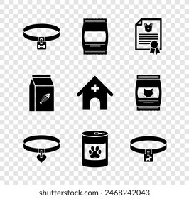 Set Dog collar, Bag of food, Certificate for dog or cat, Collar and heart, Canned and  icon. Vector