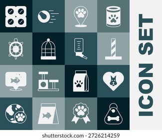 Set Colar de cão com osso, cão do coração, gato arranhando brinquedo post, Localização hospital veterinário, gaiola para pássaros, tartaruga, pílula e bebedor ícone de pequenos animais de estimação. Vetor