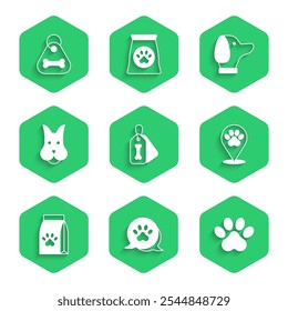 Set Dog collar with bone, Paw print, Location veterinary hospital, Bag of food for pet,  and  icon. Vector