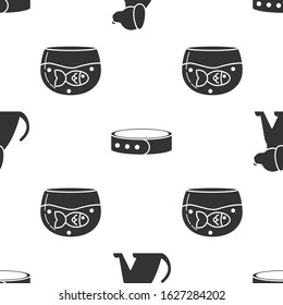 Set Dog, Collar with name tag and Aquarium with fish on seamless pattern. Vector