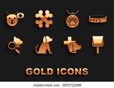 Set Dog, Collar with name tag, Dustpan, Veterinary clinic symbol,  and Crossed bones icon. Vector