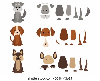 Set of dog constructor kit. Collection of beautiful colorful puppies. Pet lover. Vector illustration on white background.