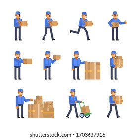 Set of dog courier characters posing with parcel box, delivery service mascot. Flat design vector illustration
