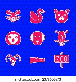Set Dog, Crocodile, Zoo park, Wild boar head, Head of goat or ram, Owl bird, Cat and Rat icon. Vector
