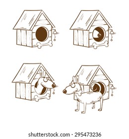 Set with  dog, the doghouse and  bone, sketch, hand draw.