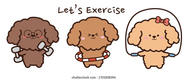 Set of dog doing different actions exercise hand drawn background.Warm-up.Training at home concept.Cute puppy cartoon character design.Animal doodle.Kawaii style.Kid graphic.Vector.Illustration.