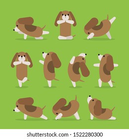 Set of dog doing yoga poses in several positions in flat style