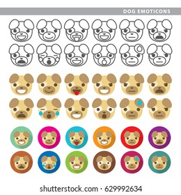 Set of dog emoticons with twelve expressions in line, color and shadow style.