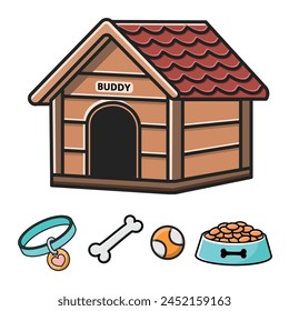 A set of dog equipment, isolated vector drawings on a white background. A doghouse, a collar, a bone, a game ball, a bowl of food. Suitable for pet stores, stickers, ad, prints, cards, posters