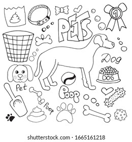 Set with dog and equipment for walking, playing and vleaning afret the pet left a poop. Simple hand drawn vector illustrations. Concept of socisl problems, design for posters, banners, flyers