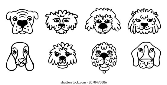 Juego de caras de perro. Razas de canino al estilo doodle. Cabezas blancas negras dibujadas a mano de adorables cachorros. Animación de mascotas para niños. Amar caracteres por mano libre para el diseño de iconos lineales animales. Hound, poodle, spaniel.