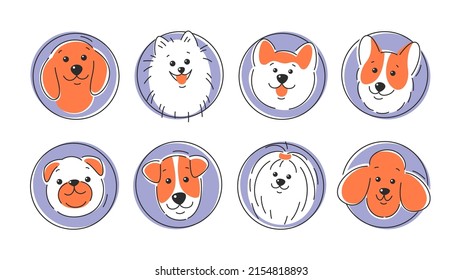 Set of dog faces of different breeds. Corgi, Akita, spitz , Dachshund, Poodle, Terrier, Pug. Vector illustration on white background