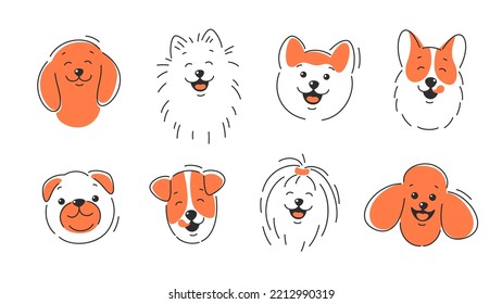 Conjunto de caras de perro de diferentes razas. Corgi, Akita, spitz, Dachshund, Poodle, Terrier, Pug. Feliz cara de perro con la lengua fuera, con la boca abierta y cerrada. Ilustración del vector