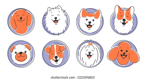 Set of dog faces of different breeds. Corgi, Akita, spitz , Dachshund, Poodle, Terrier, Pug. Happy dog face with tongue hanging out, with open and closed mouth. Vector illustration
