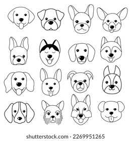 Set of dog faces Hand drawn isolated vector illustration in doodle style on white background.