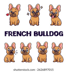 set dog french bulldog. collection of cartoon dog stickers on isolated white background with different emotions joy, happiness, sadness, crying, anger