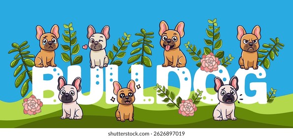 set dog french bulldog. collection of cartoon dog stickers on isolated white background with different emotions joy, happiness, sadness, crying, anger