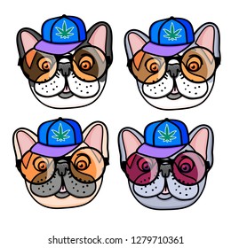 Set Dog french bulldog puppy in a cap and fun round glasses. Vector hand drawn illustration isolated on white background