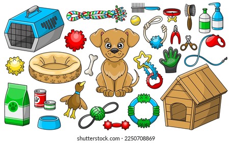 Set of dog goods. Collection of Products and accessories for pet shop. Food, toys, beds and other supplies for domestic animals. Colorful vector isolated illustrations in cartoon style.