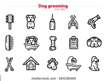 Set of dog grooming Line art Icons with sign of dog, bone, clipper, comb. Stylish animal equipment for your design