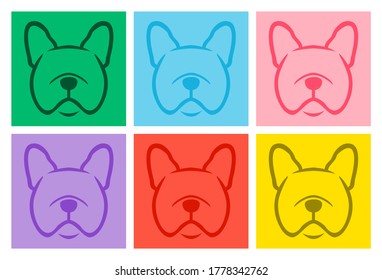 Juego de dibujos animados de la mano del perro. Silueta de bulldog francés. Ilustración vectorial aislada en un fondo colorido.