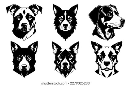 Set of dog heads with calm expressions of the muzzle. Symbols for tattoo, emblem or logo, isolated on a white background.