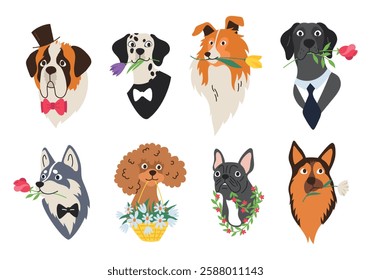 Set of dog heads with flowers in mouth. Domestic animal of different breeds with accessories bow tie, tie, hat. Vector isolated flat linear illustration