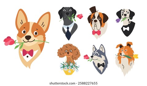 Set of dog heads with flowers in mouth. Pets of different breeds with accessories bow tie, cravat, hat. Vector isolated flat linear illustration