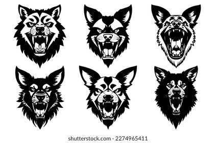 Set of dog heads with open mouth and bared fangs, with different angry expressions of the muzzle. Symbols for tattoo, emblem or logo, isolated on a white background.