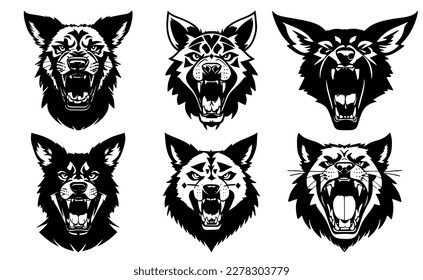 Set of dog heads with open mouth and bared fangs, with different angry expressions of the muzzle. Symbols for tattoo, emblem or logo, isolated on a white background.