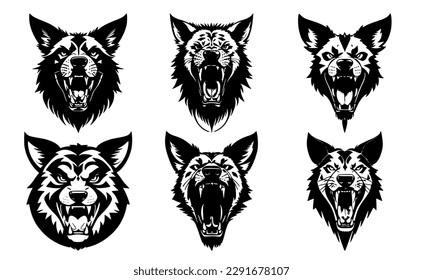 Set of dog heads with open mouth and bared fangs, with different angry expressions of the muzzle. Symbols for tattoo, emblem or logo, isolated on a white background.