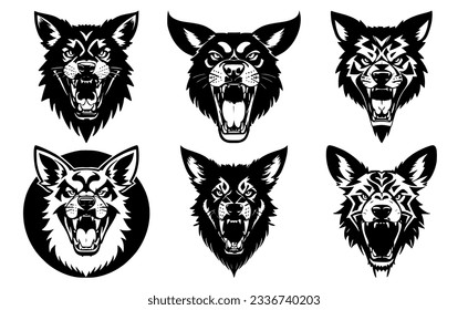 Set of dog heads with open mouth and bared fangs, with different angry expressions of the muzzle. Symbols for tattoo, emblem or logo, isolated on a white background.
