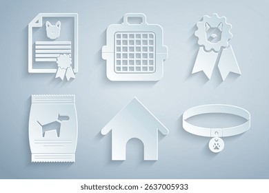 Set Dog house, award symbol, Bag of food for dog, Collar with name tag, Pet carry case and Certificate cat icon. Vector