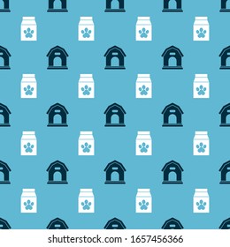 Set Dog house and Bag of food for pet on seamless pattern. Vector