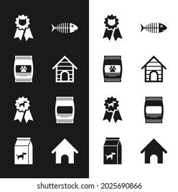 Set Dog house, Bag of food for pet, Cat award symbol, Fish skeleton,  and  icon. Vector