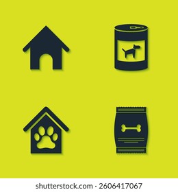 Set Dog house, Bag of food for pet, and paw print and Canned dog icon. Vector
