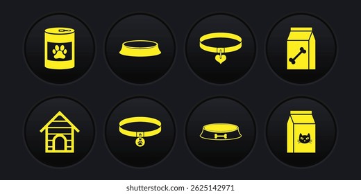 Set Dog house, Bag of food for pet, Collar with name tag, Pet bowl, and heart and  icon. Vector