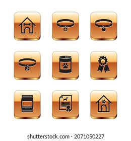 Set Dog house and bone, Bag of food, Certificate for dog or cat, Canned, collar and Collar icon. Vector