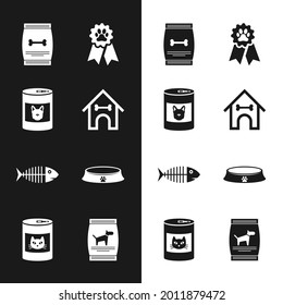 Hundehütte und -knochen, Hundefutter-Dosen, Heimtierbeutel, Logo für den Tierpreis, Skelett- und Schüssel-Symbol. Vektorgrafik