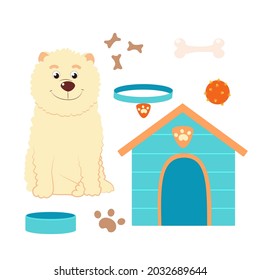 Conjunto de perros y perros, hueso, huella de garra, collar, plato, pelota, comida. Ilustración de dibujos animados al estilo infantil.