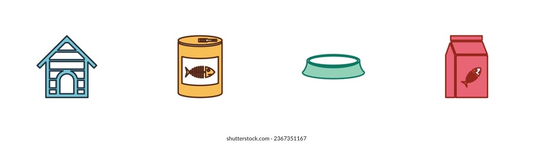 Set Dog house, Canned food for cat, Pet bowl and Bag of icon. Vector