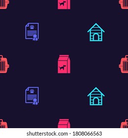 Set Dog house, Certificado para perro o gato, Bolsa de comida y Cargador de mascotas en un patrón ininterrumpido. Vector.
