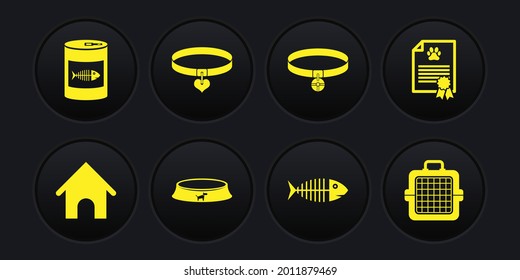 Set Dog house, Certificate for dog or cat, Pet food bowl, Fish skeleton, Collar with name tag and and heart icon. Vector