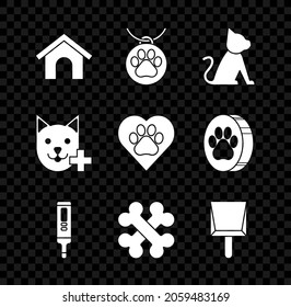 Set Dog house, Collar with name tag, Cat, Medical digital thermometer, Crossed bones, Dustpan, Veterinary clinic symbol and Heart animals footprint icon. Vector