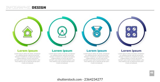 Set Dog house, Hamster wheel, Pet award symbol and pill. Business infographic template. Vector