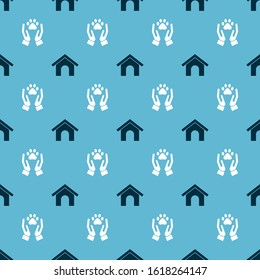 Set Dog house and Hands with animals footprint on seamless pattern. Vector