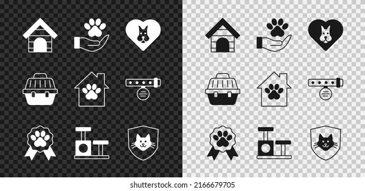Set Dog house, Hands with animals footprint, Heart dog, Pet award symbol, Cat scratching post toy, Animal health insurance, carry case and  icon. Vector