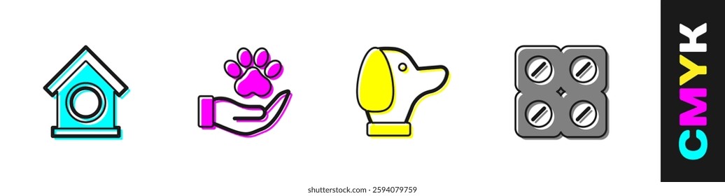 Set Dog house, Hands with animals footprint,  and pill icon. Vector