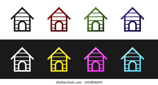 Set Dog house icon isolated on black and white background. Dog kennel. Vector Illustration